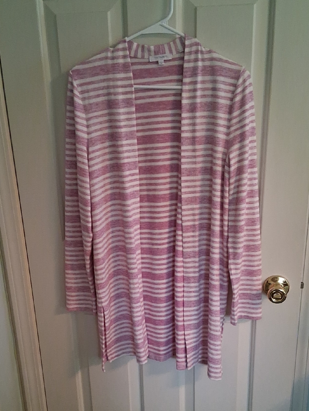 Lavender & White Striped Open-Front Women's Cardigan
